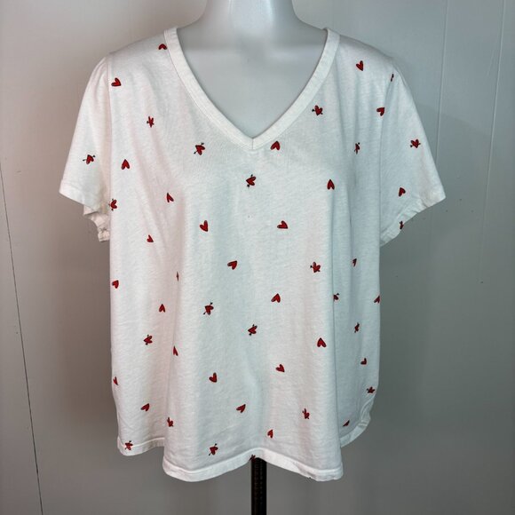 Old Navy Top XL White Red Hearts V-Neck Short Sleeve T-Shirt Cotton Casual - Picture 1 of 10